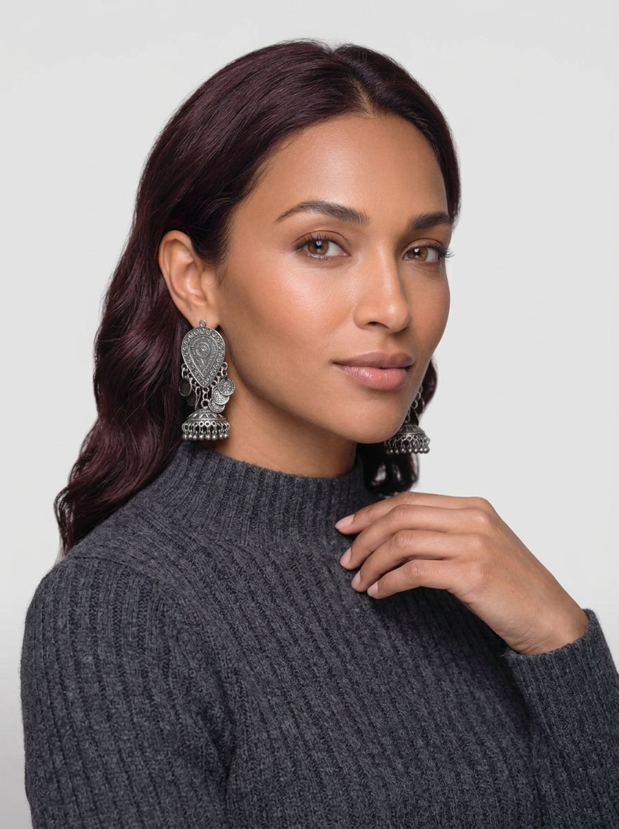 Dakshina – Oxidized Coin & Jhumka Drop Earrings