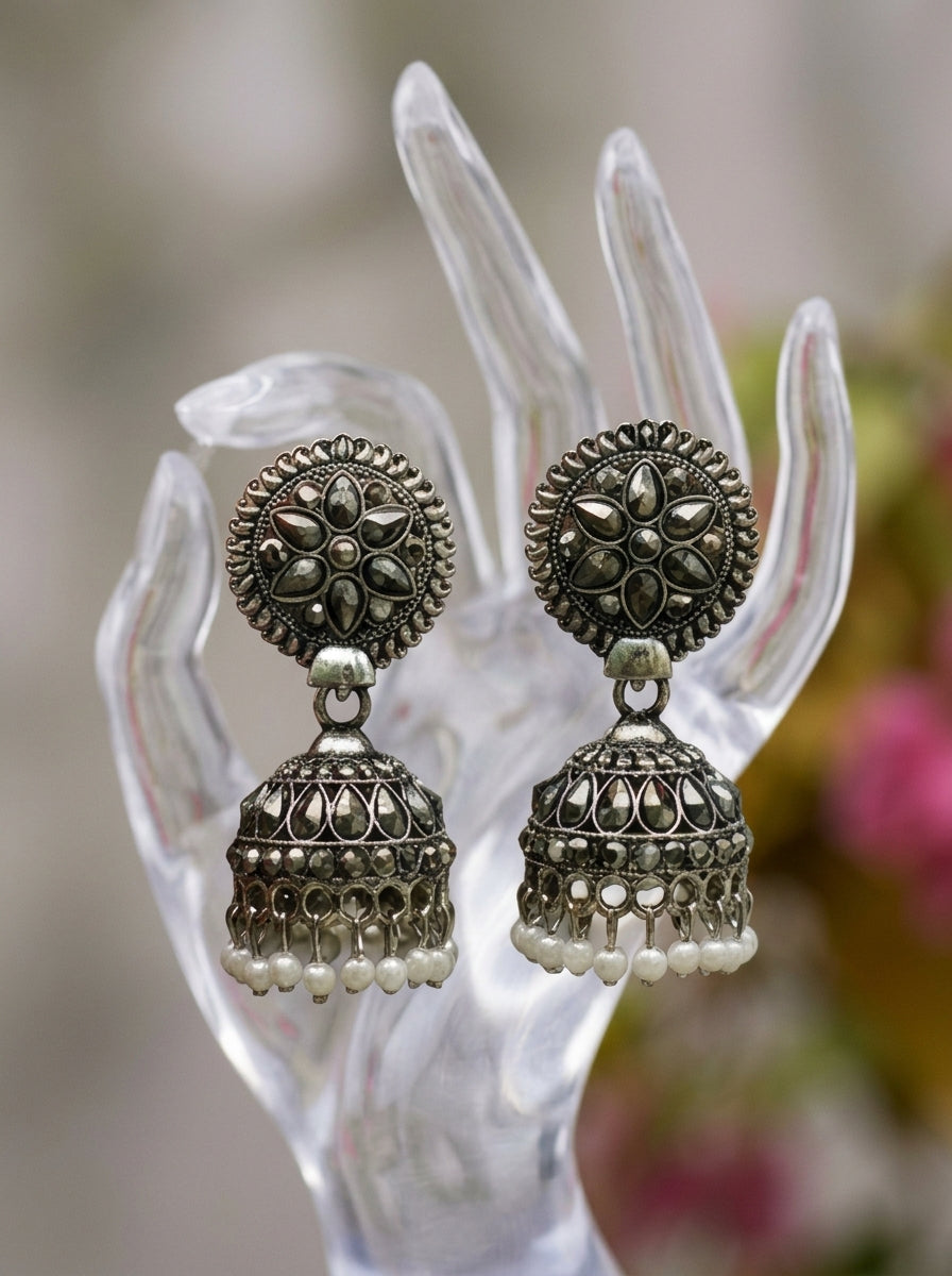 Swaha – Oxidized Floral Jhumka Earrings