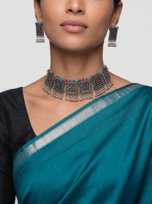 Rukmini – Oxidized Square Panel Choker Set