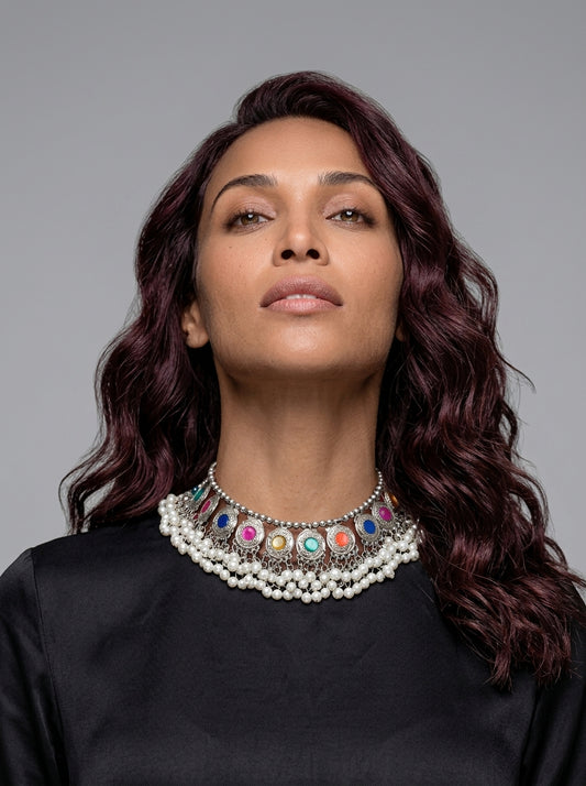 Vandana – Mirror & Pearl Oxidized Choker
