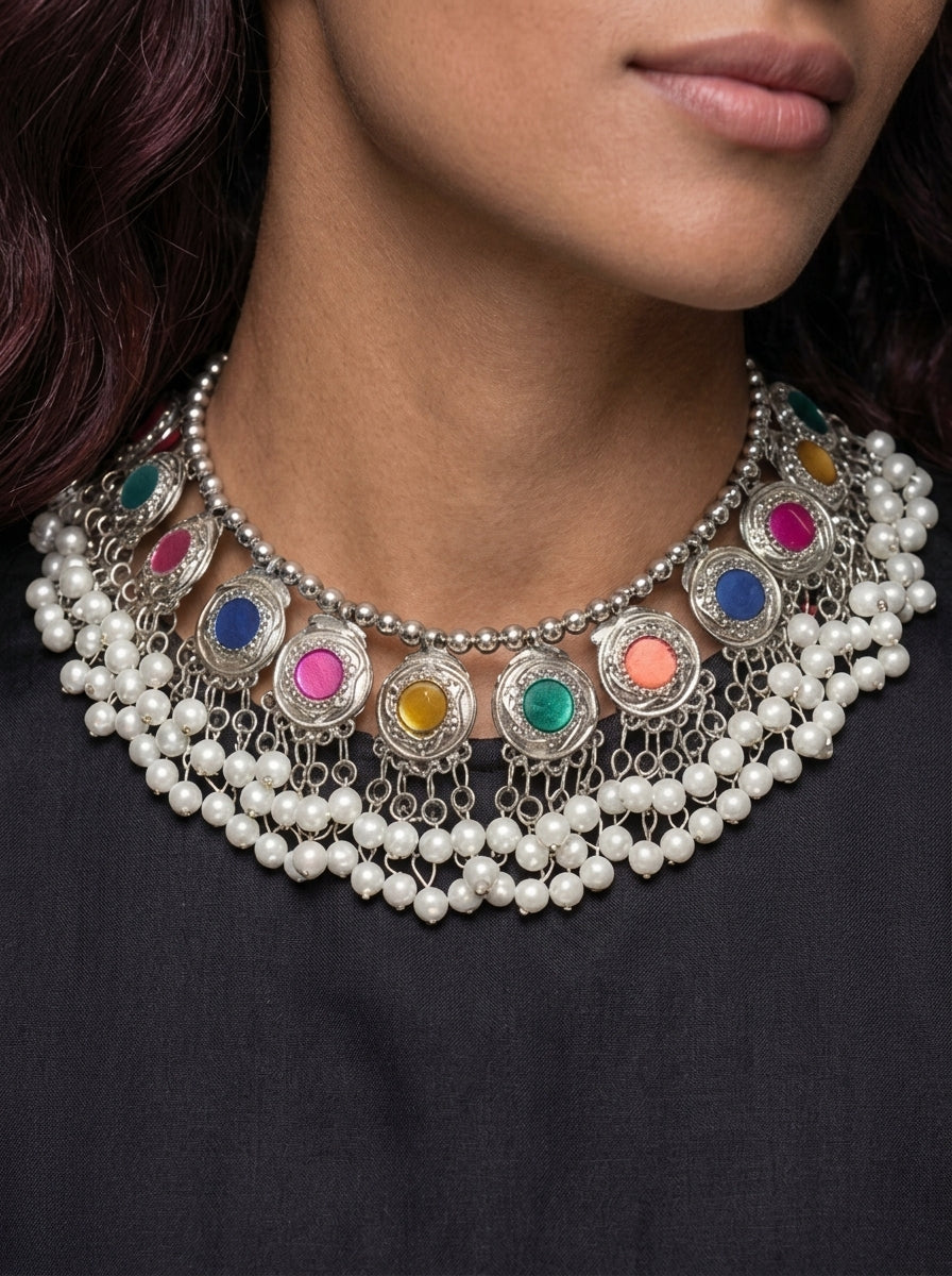 Vandana – Mirror & Pearl Oxidized Choker