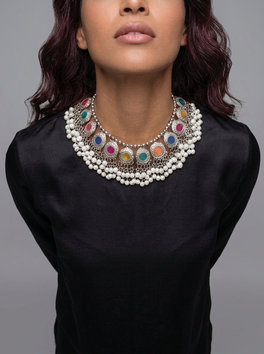Vandana – Mirror & Pearl Oxidized Choker