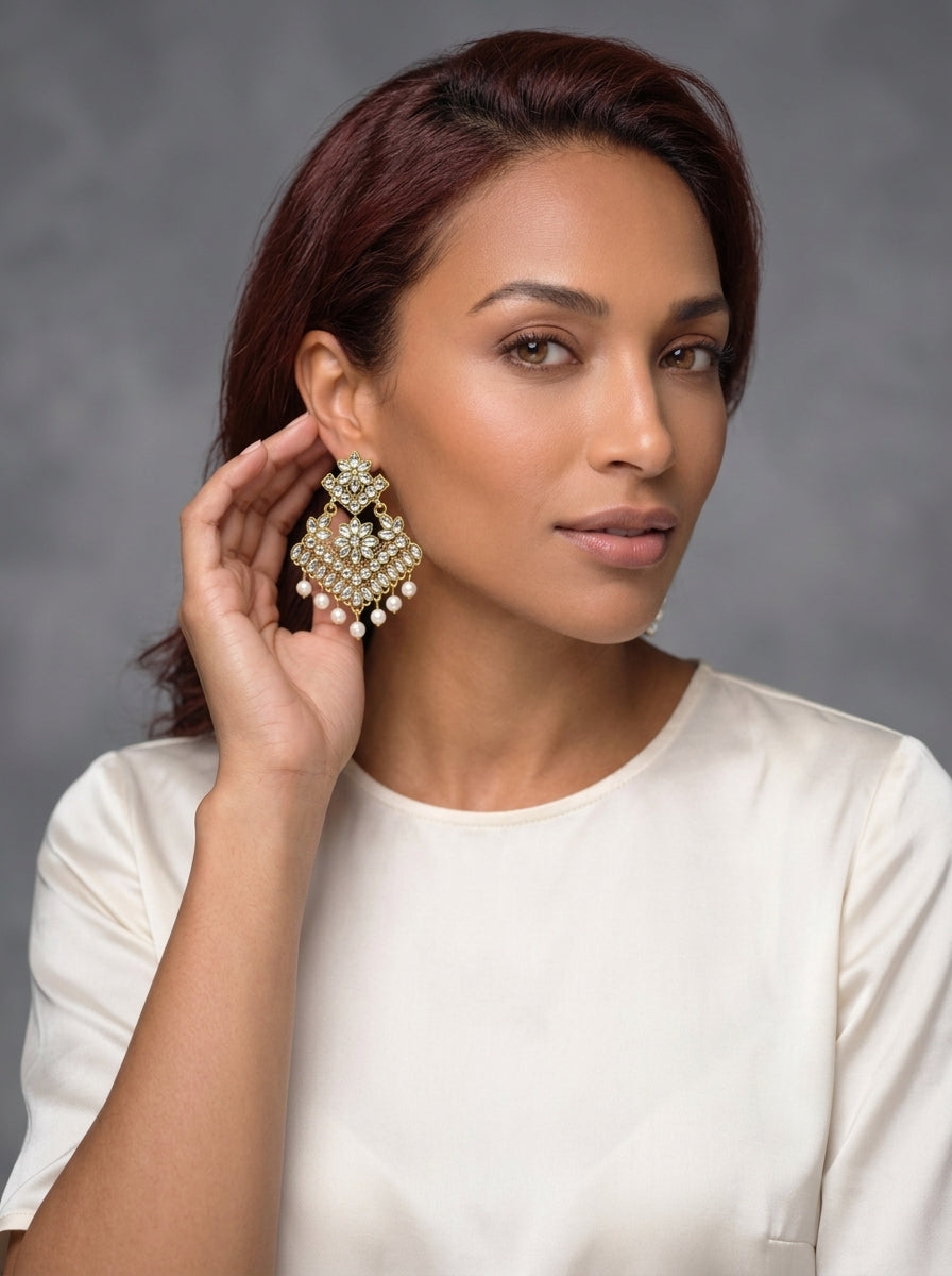 Andal – Antique Gold Kundan Chandbali Earrings