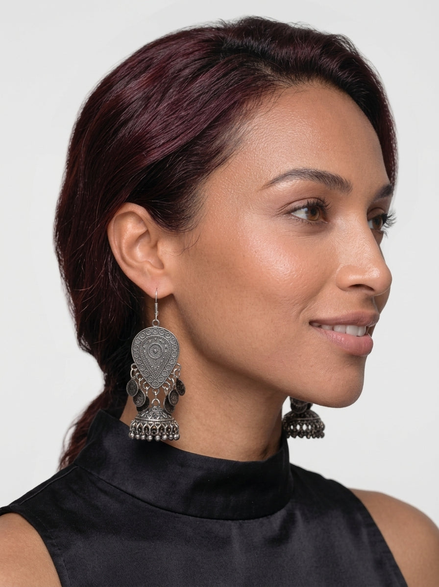 Dakshina – Oxidized Coin & Jhumka Drop Earrings