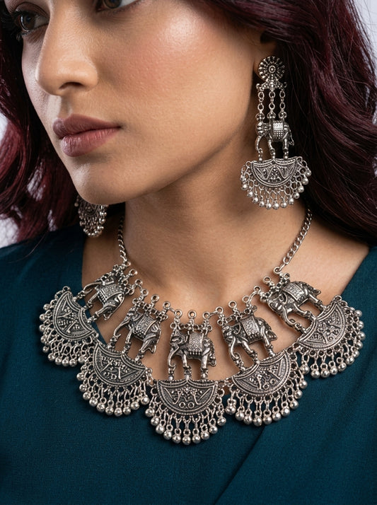 Savitri – Oxidized Elephant Necklace & Earring Set