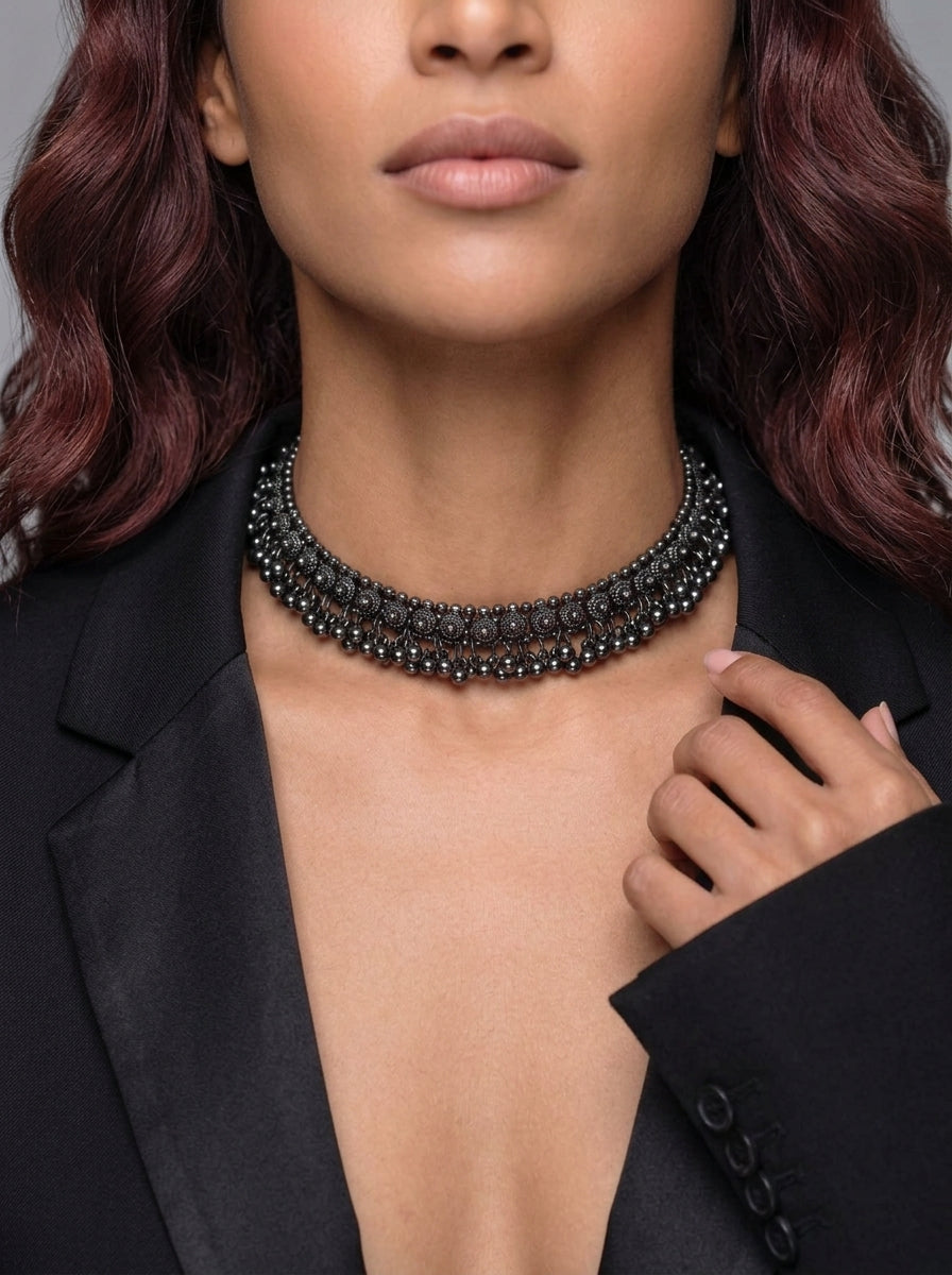 Lakshmi – Oxidized Floral Ghungroo Choker