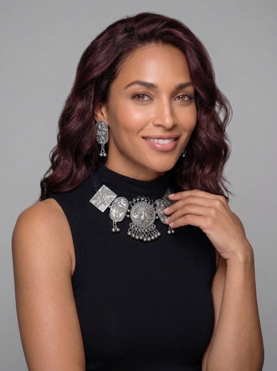Kali – Oxidized Peacock Medallion Choker Set